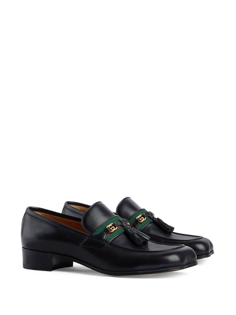 Black Web Stripe Leather Loafers