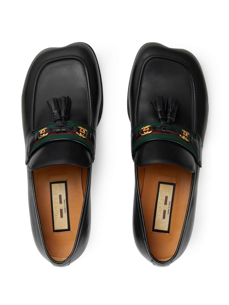 Black Web Stripe Leather Loafers
