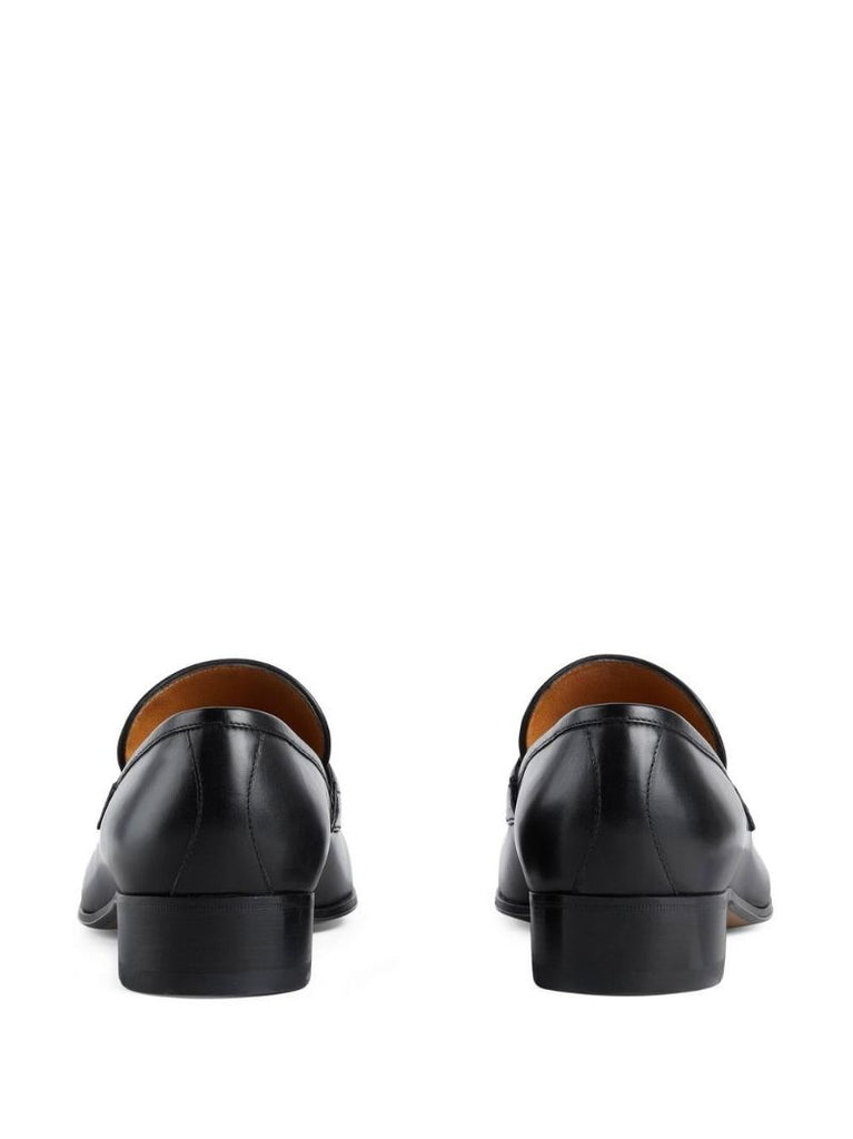 Black Web Stripe Leather Loafers