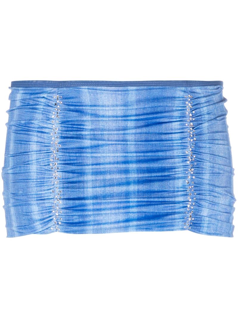 Blue Ruched Denim Print Mini Skirt