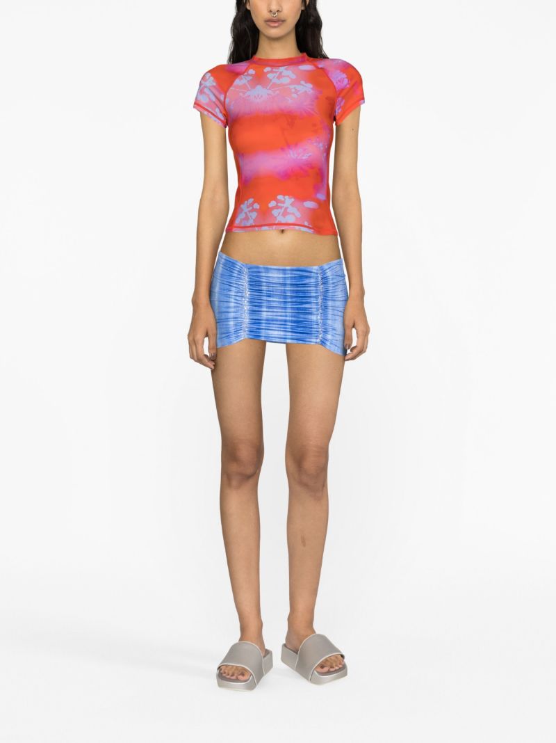 Blue Ruched Denim Print Mini Skirt