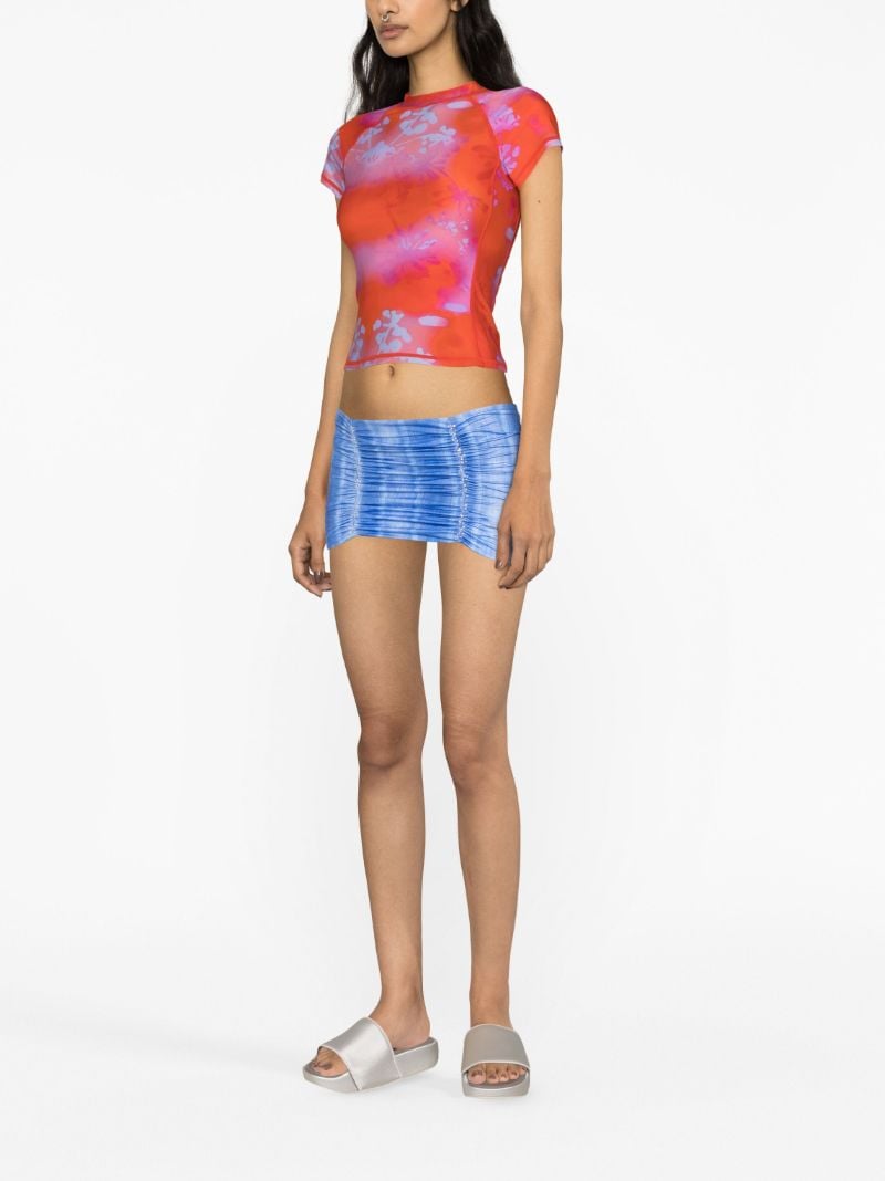 Blue Ruched Denim Print Mini Skirt
