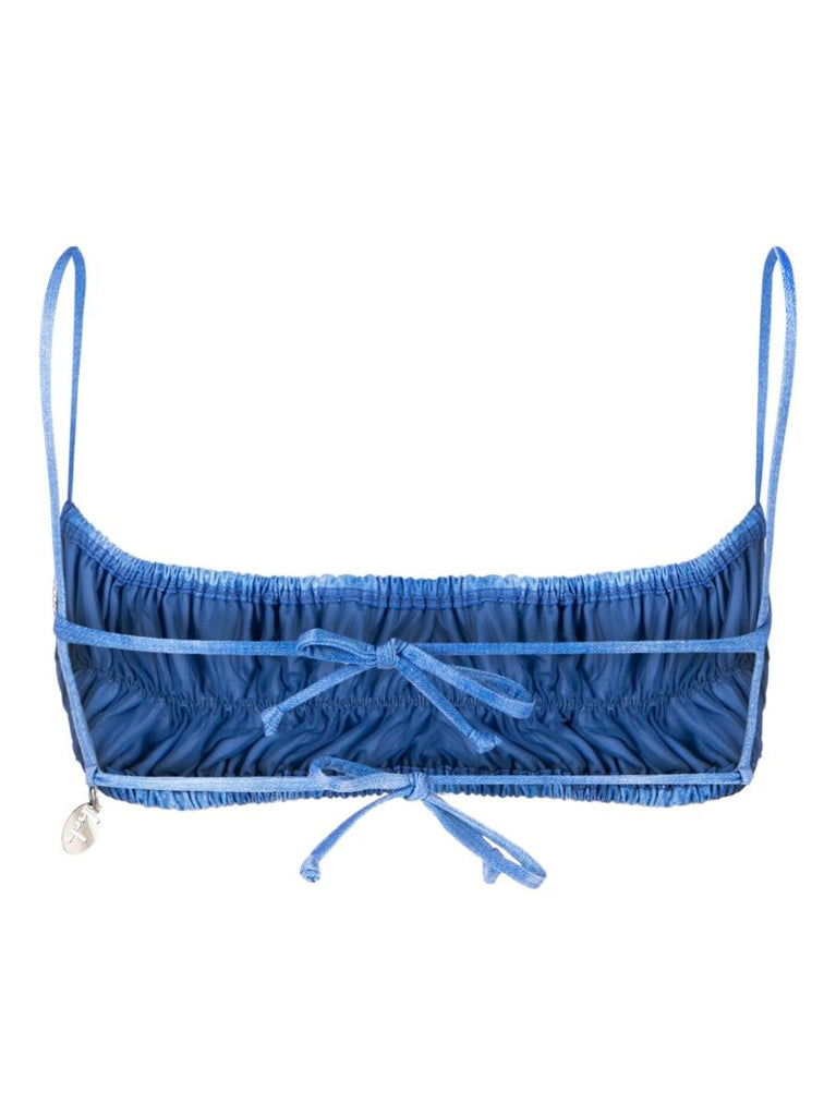 Blue Ruched Denim Print Bandeau Bikini Top