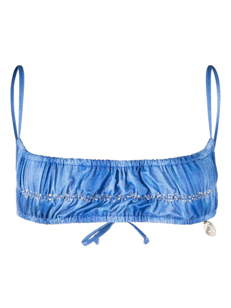 Blue Ruched Denim Print Bandeau Bikini Top