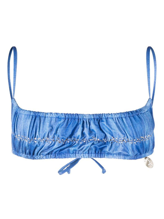 Blue Ruched Denim Print Bandeau Bikini Top