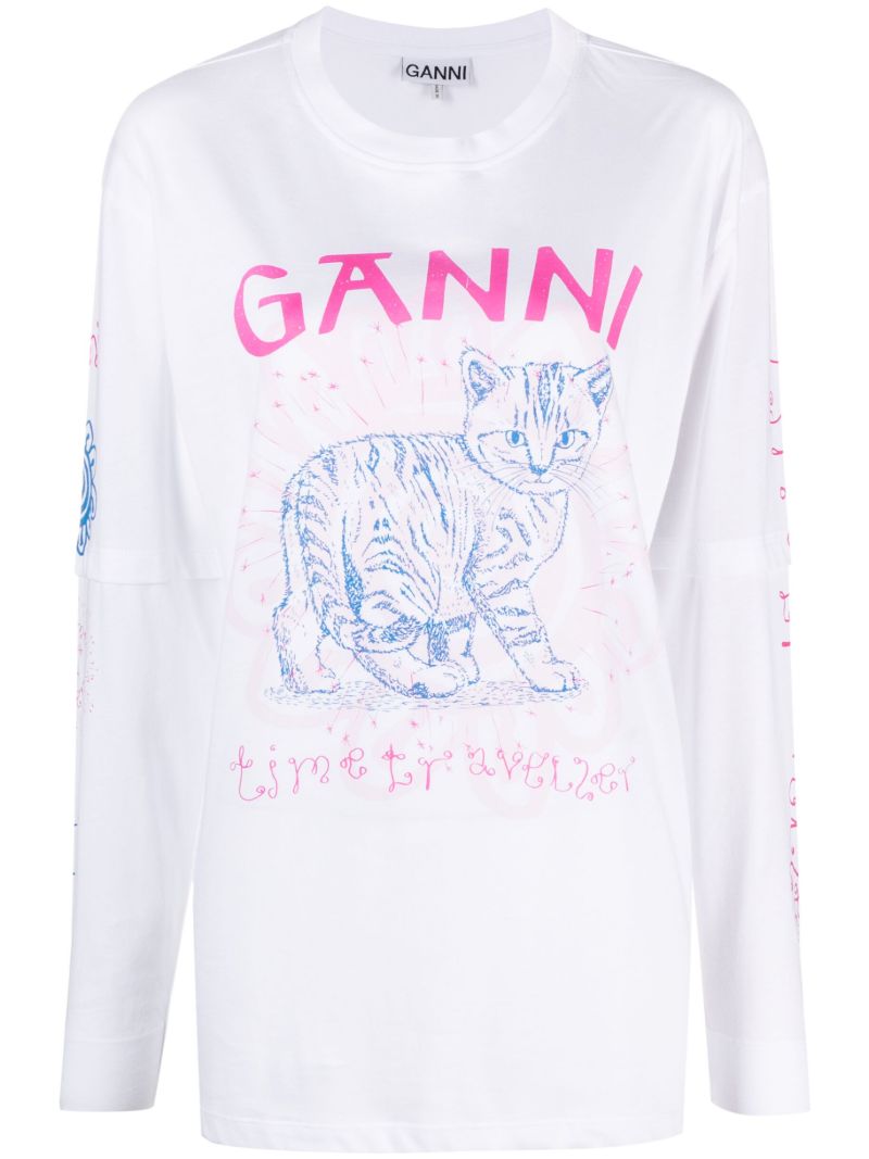 White Organic Cotton Cat Print T-shirt