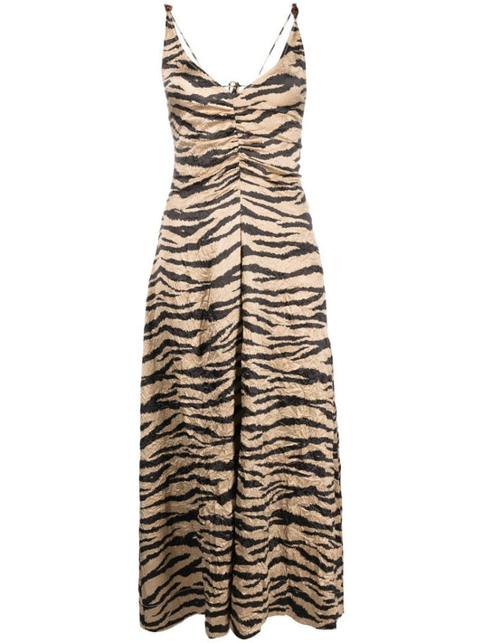 Neutral Crinkled Satin Maxi Strap Dress