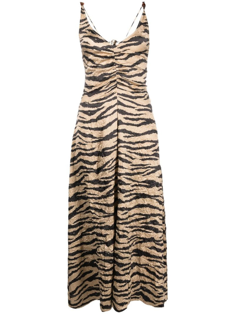 Neutral Crinkled Satin Maxi Strap Dress