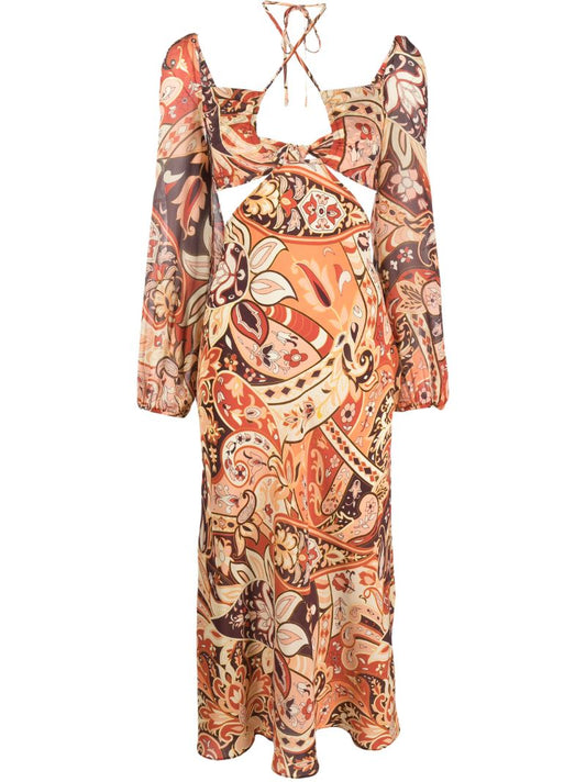 Orange Kamilla Paisley Print Silk Midi Dress
