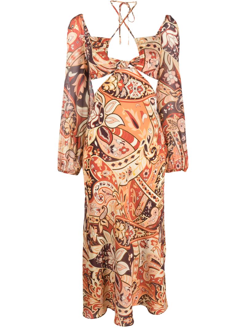 Orange Kamilla Paisley Print Silk Midi Dress