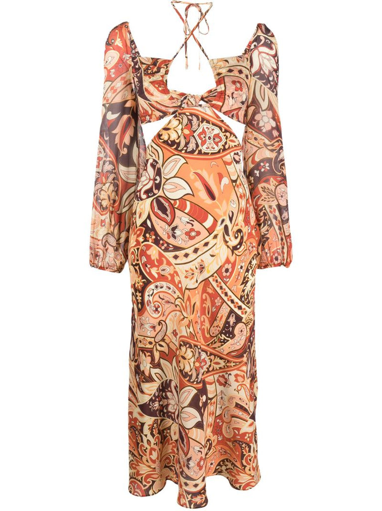Orange Kamilla Paisley Print Silk Midi Dress