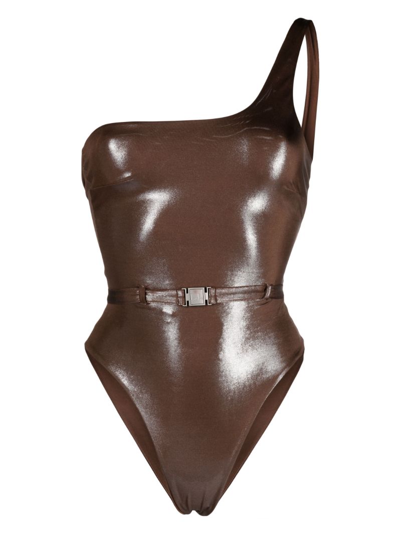 Brown Metallic One-shoulder Swimsuit