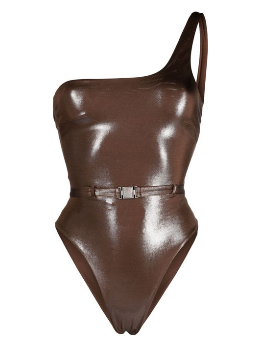 Brown Metallic One-shoulder Swimsuit