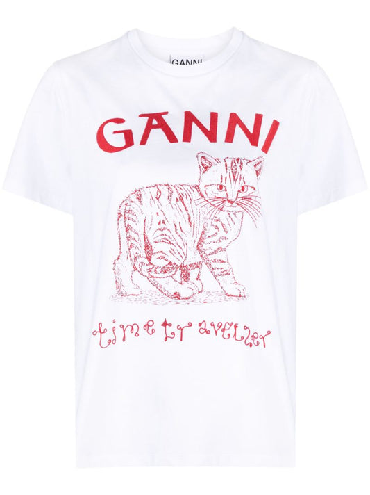 White Future Cat Print T-shirt