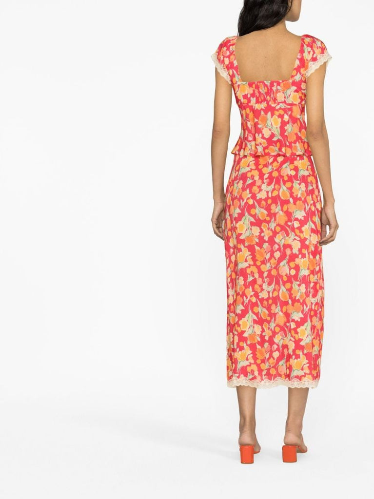 Red Sibilla Floral Print Midi Skirt