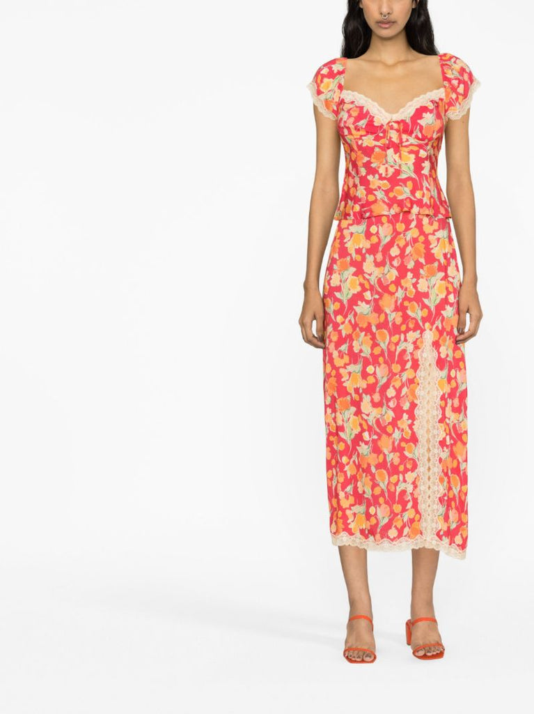 Red Sibilla Floral Print Midi Skirt