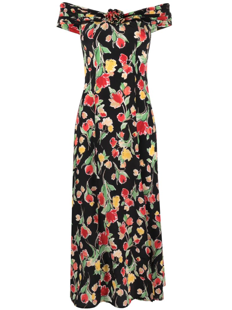 Black Freya Floral Print Silk Bardot Dress