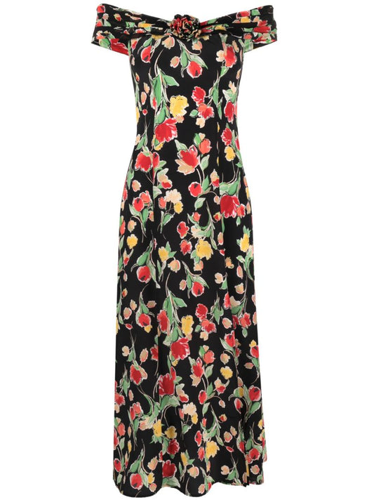 Black Freya Floral Print Silk Bardot Dress