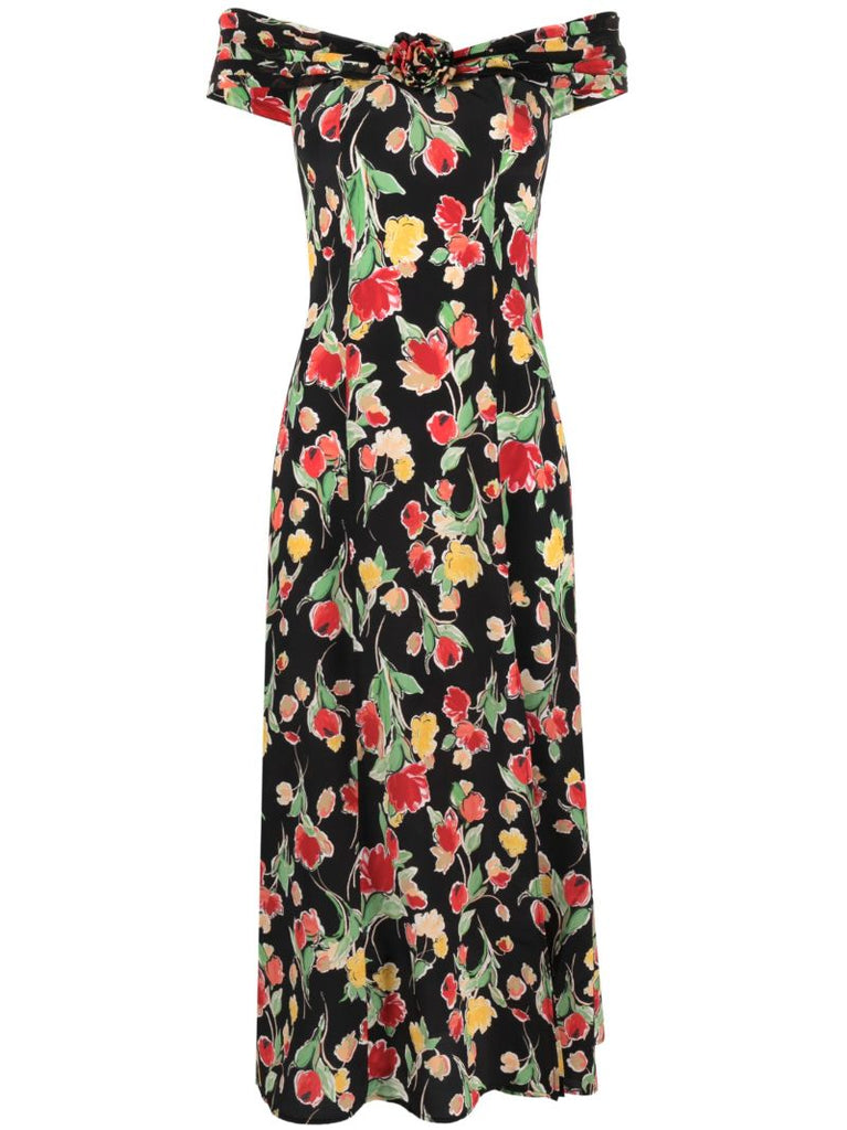 Black Freya Floral Print Silk Bardot Dress