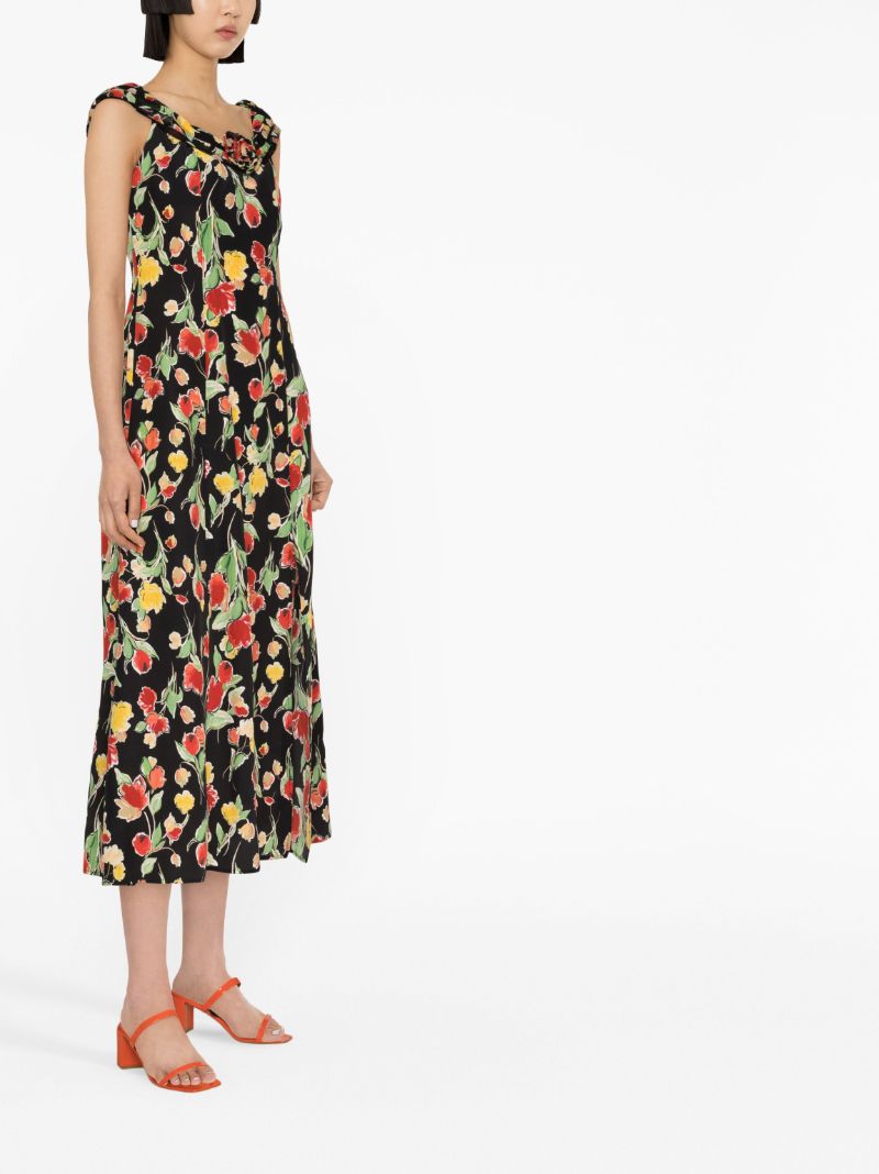 Black Freya Floral Print Silk Bardot Dress