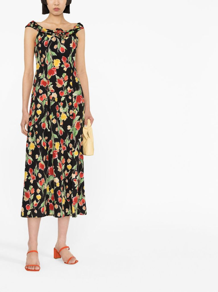 Black Freya Floral Print Silk Bardot Dress