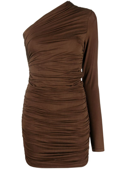 Brown Pila One-shoulder Draped Mini Dress