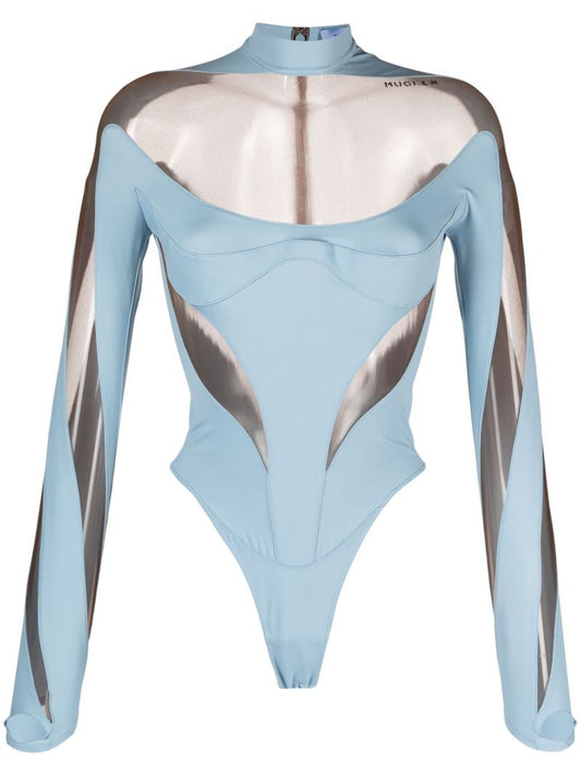 Blue Illusion Panelled Sheer Bodysuit
