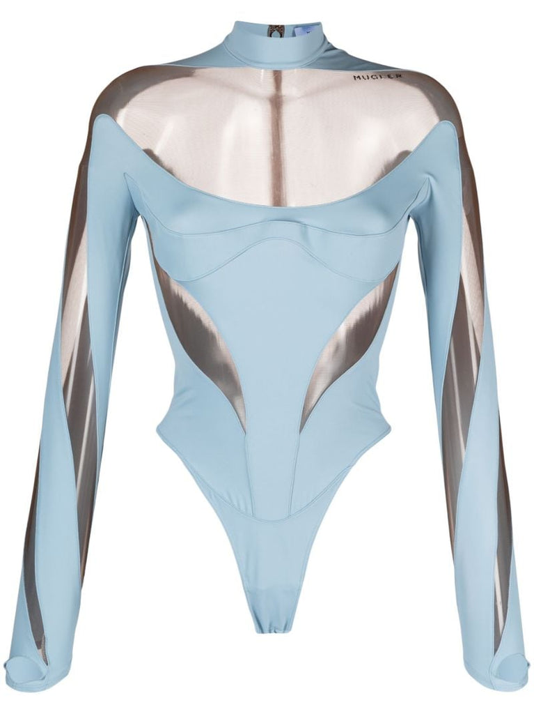 Blue Illusion Panelled Sheer Bodysuit