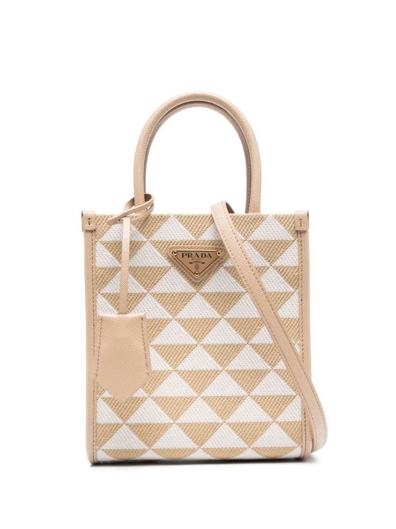 Neutral Geometric Canvas Top Handle Bag