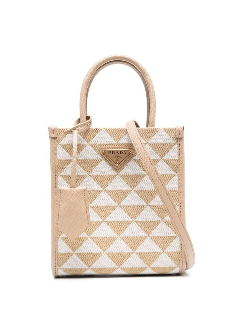 Neutral Geometric Canvas Top Handle Bag