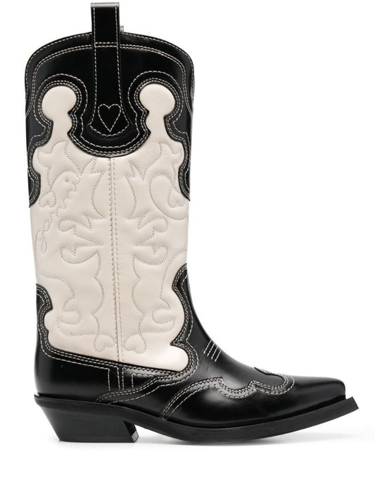 Black Embroidered Leather Western Boots