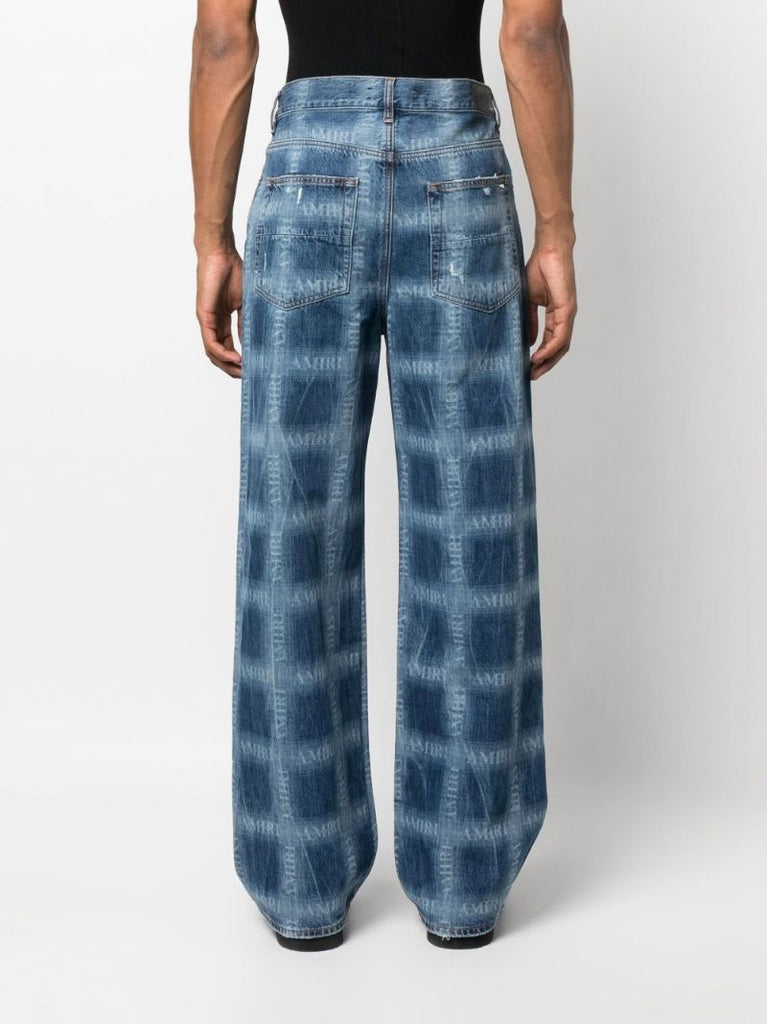 Blue Shadow Plaid Baggy Jeans