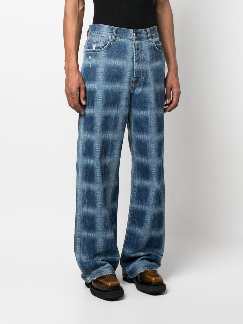 Blue Shadow Plaid Baggy Jeans