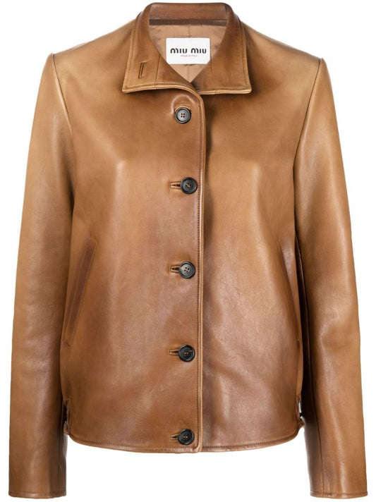 Brown Logo Patch Leather Jacket