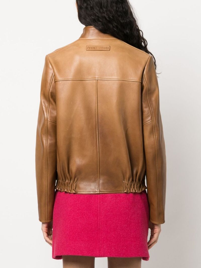 Brown Logo Patch Leather Jacket
