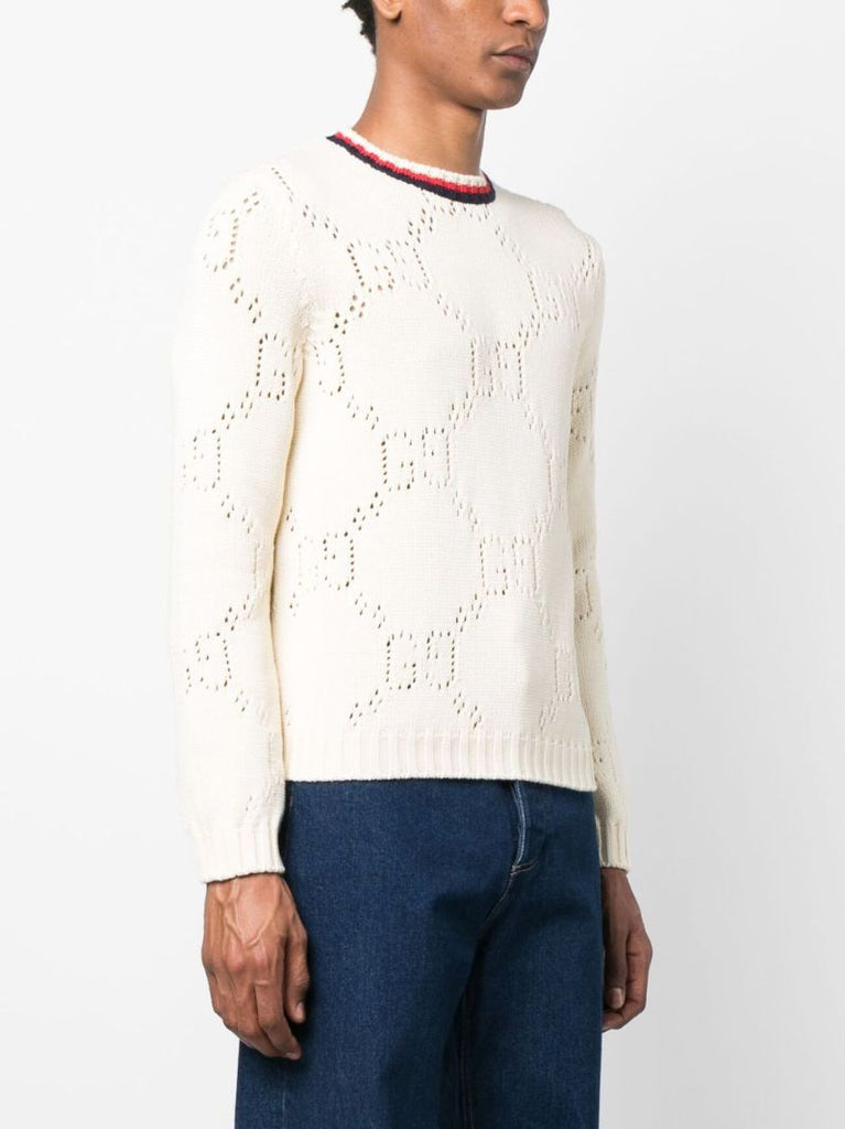 White Gg MacramÃ_x0083_Â© Cotton Sweater