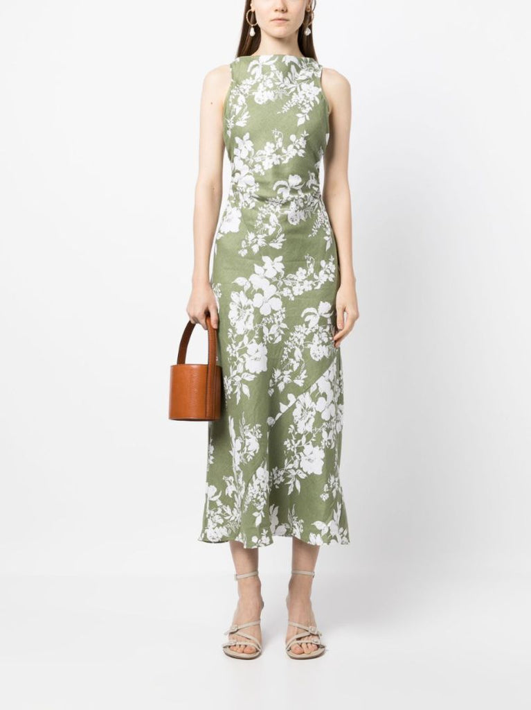 Green Casette Floral Print Midi Dress