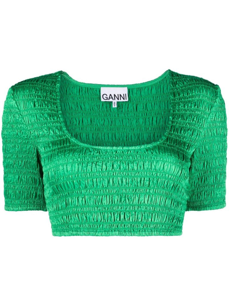 Green Smocked Crop Top