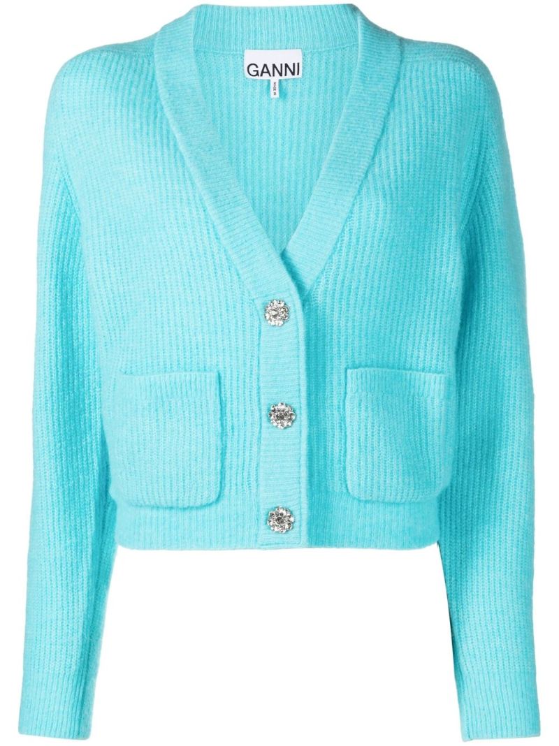 Blue V-neck Ribbed Cardigan