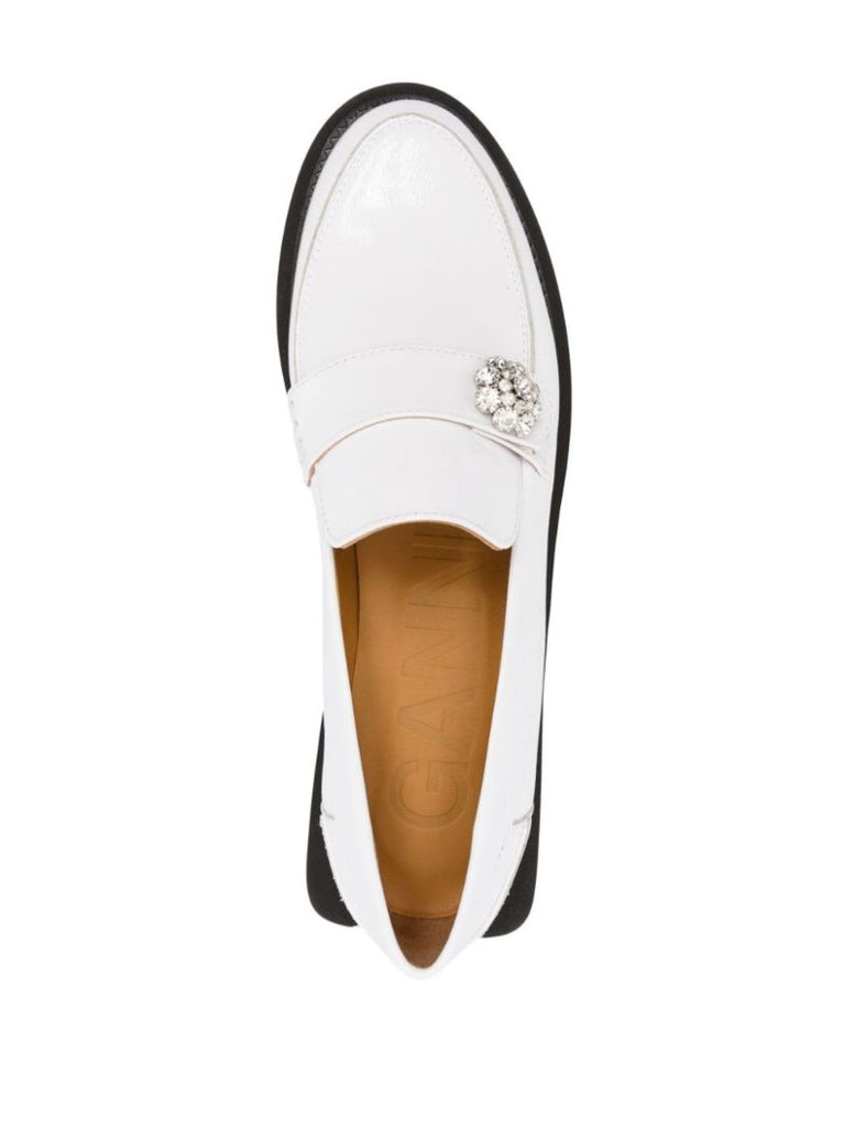 White Embellished Patent Leather Loafers