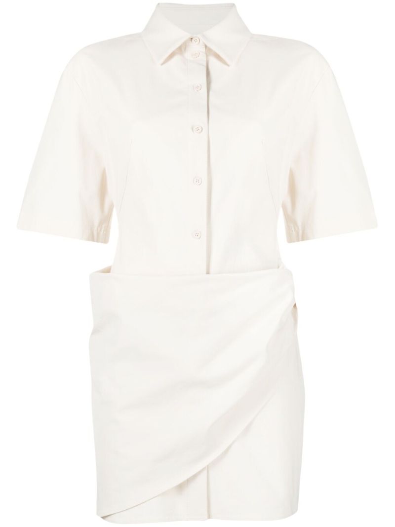White Camisa Draped Cotton Shirt Dress