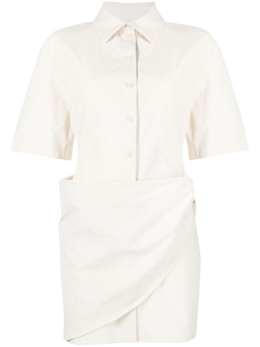 White Camisa Draped Cotton Shirt Dress