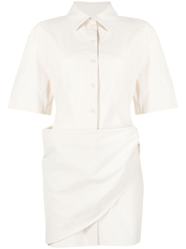 White Camisa Draped Cotton Shirt Dress