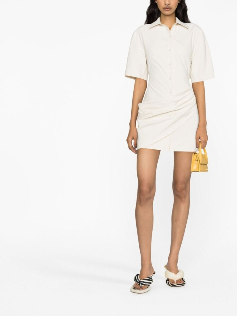 White Camisa Draped Cotton Shirt Dress