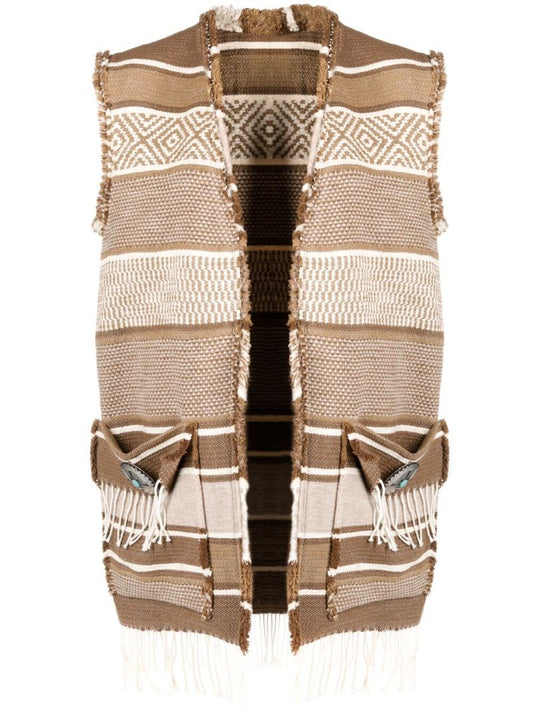 Natural Beige and Chocolate Brown Woven Gilet