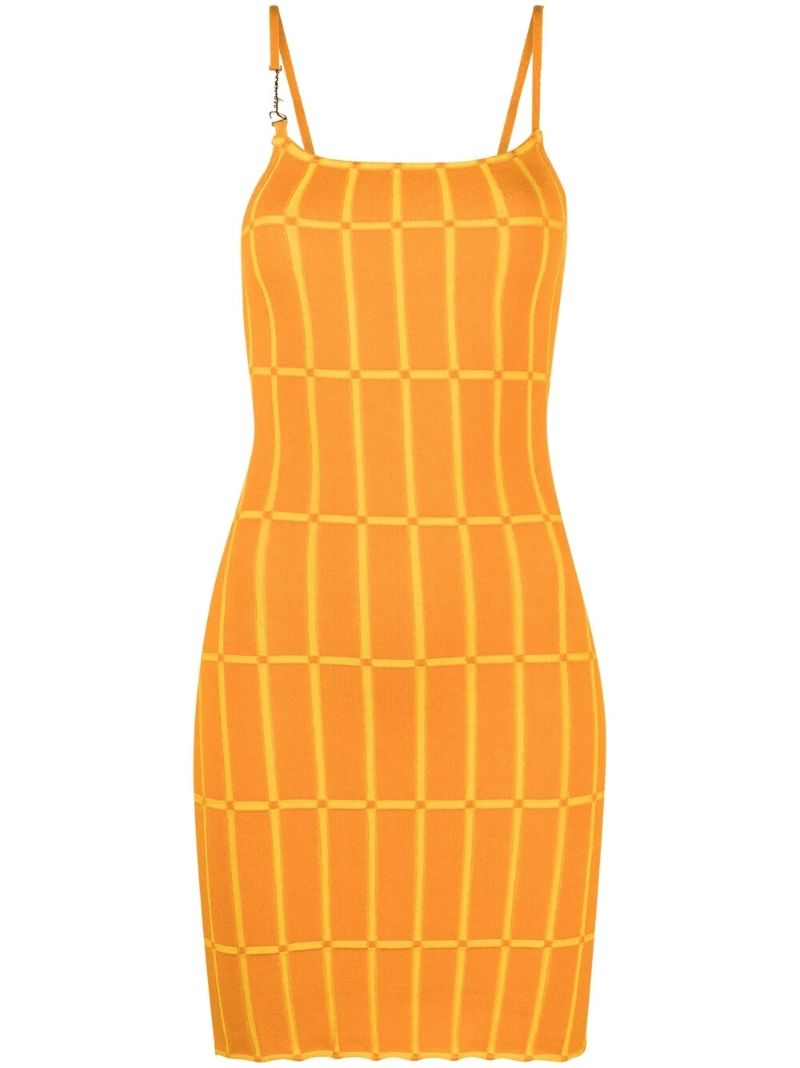 Orange Malha Check Knit Mini Dress