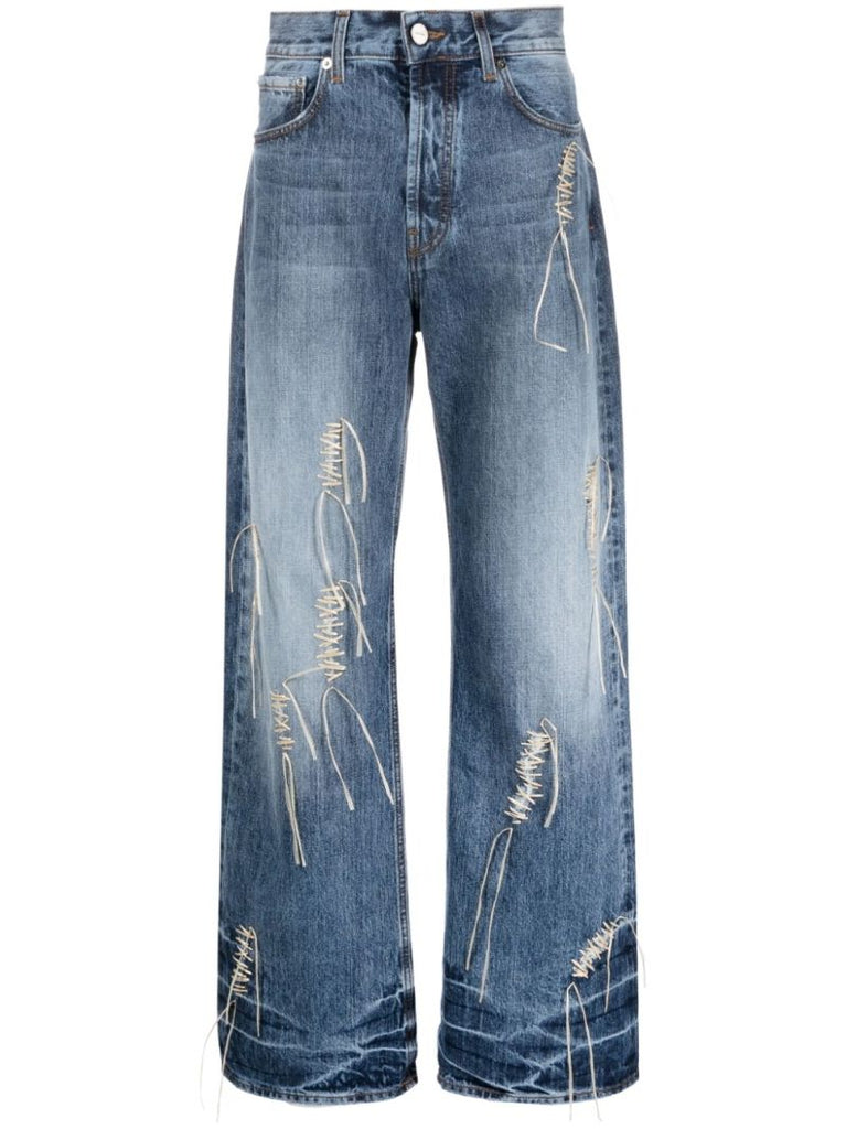 Blue Distressed Bootcut Jeans