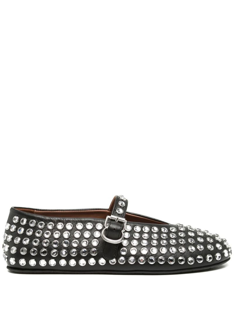 Black Strass Crystal-embellished Leather Ballerina Shoes