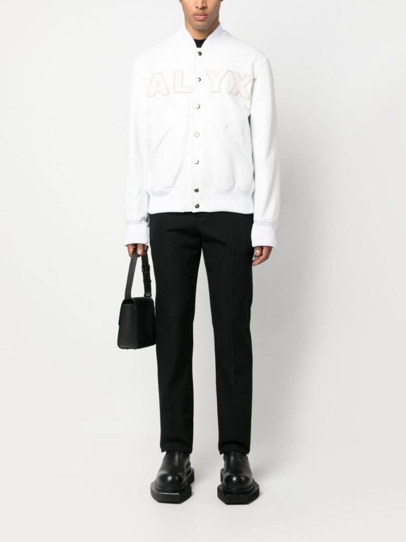 White Logo AppliquÃ_x0083_Â© Leather Bomber Jacket