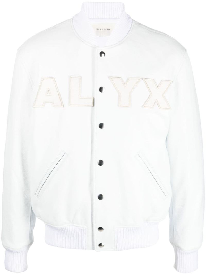 White Logo AppliquÃ_x0083_Â© Leather Bomber Jacket